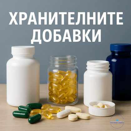 Изображението илюстрира четири кутии с хранителни добавки, три непрозрачни и една прозрачна. пред тях има различни видове орални хранителни добавки, капсули, таблетки, дражета. Изображението е пряко обвързано с лекцията на Иван Стамов на тема - Хранителни добавки.