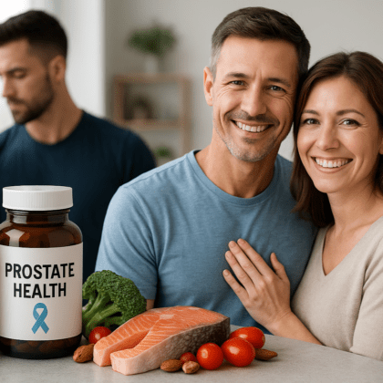 Изображението илюстрира, двойка мъж и жена пред тях има две шишета с хранителни добавки илюстриращи такива за мъжко здраве. На заден фон има мъж, който спортува. Изображението е пряко обвързано с лекцията на Иван Стамов за Мъжко здраве.
